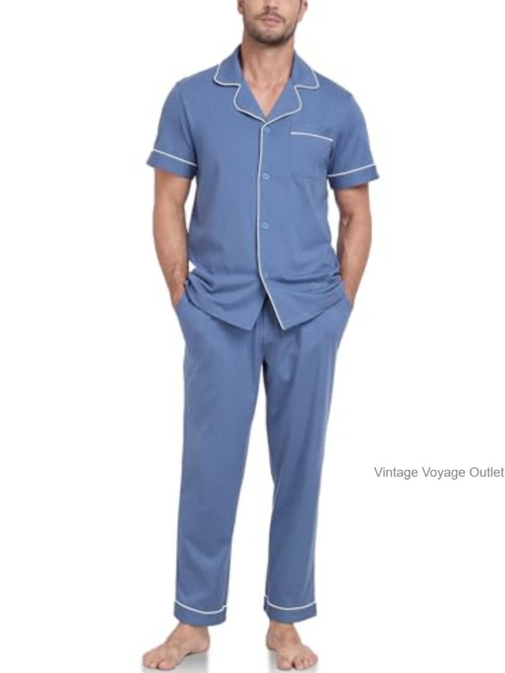 Cotton Pajama Set for Men Summer Short Sleeve Lounge Set Button Down Sleepwear